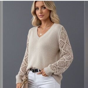 Industry cream beige V-neck sweater with diamond knit pattern crochet sleeves